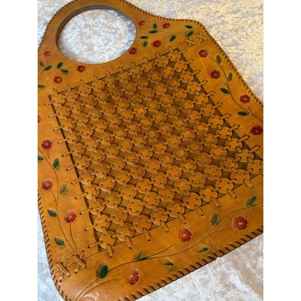 Vintage Handmade Leather Cutwork Handbag Floral Painted Boho Tote Purse Tan - Picture 2 of 9